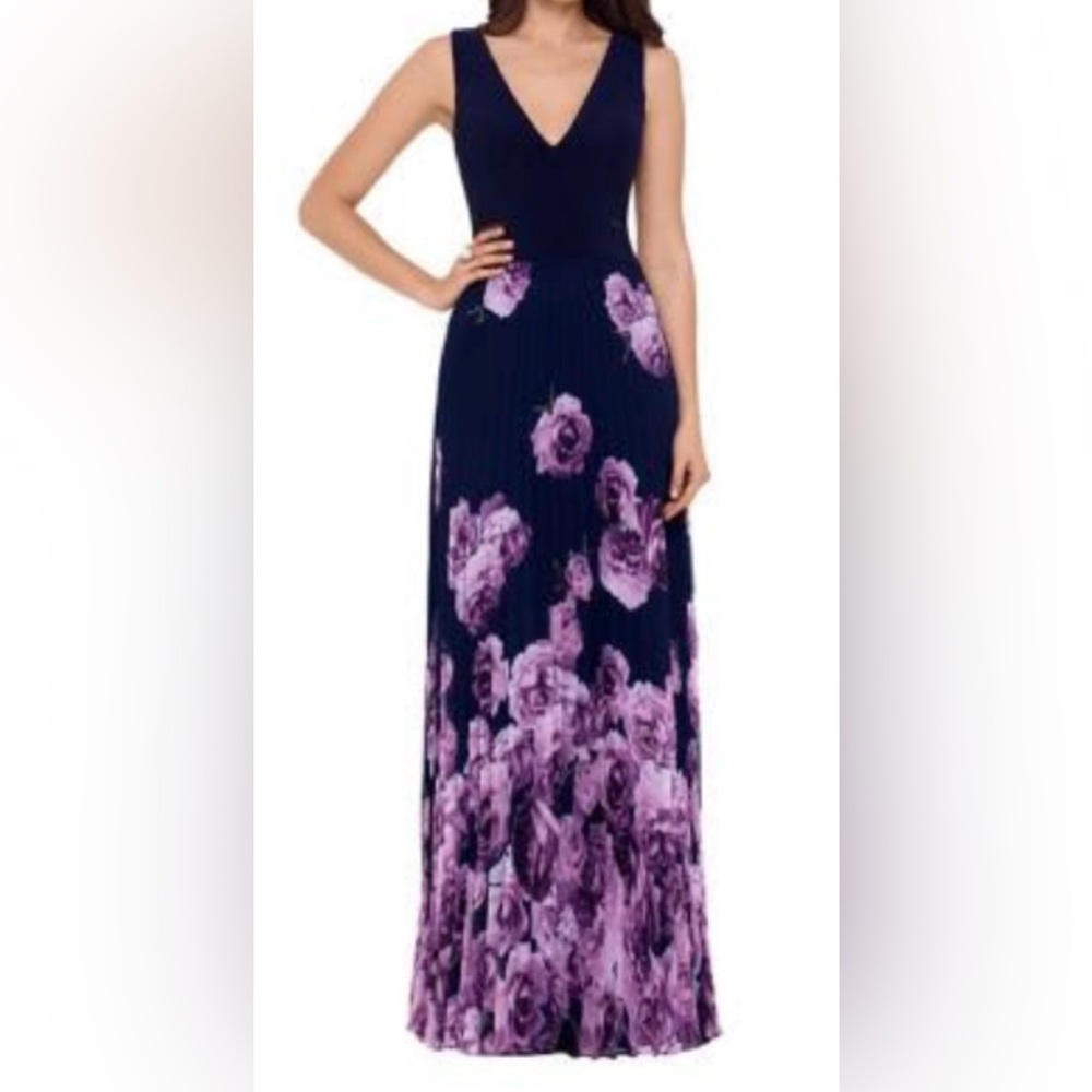 Xscape Navy Maxi Pleated Dress with Floral Print- NWOT- Size 14